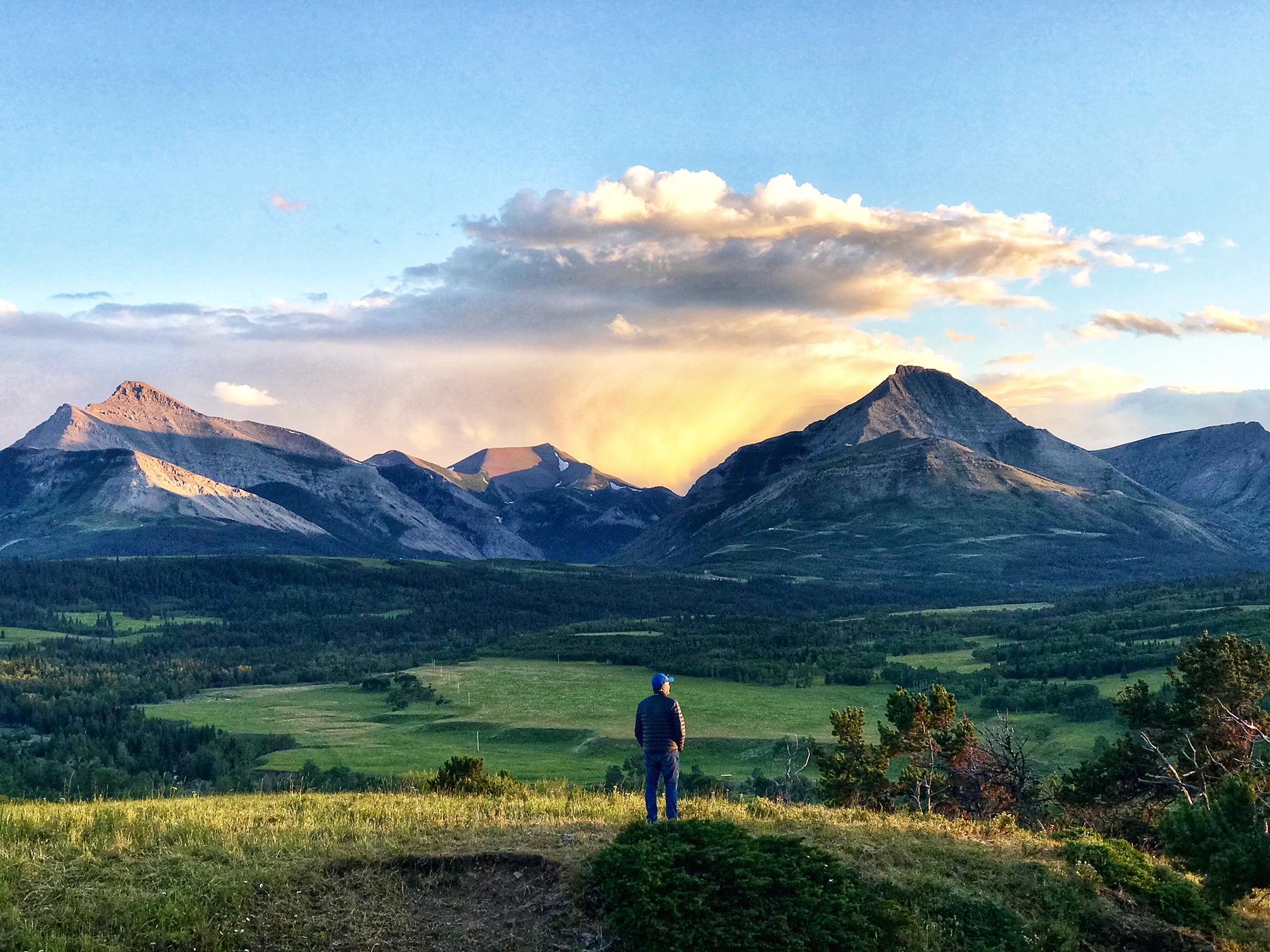 A Thanksgiving Ranch family member standing above the foothills and Canadian Rockies